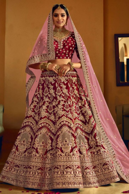 Maroon Embroidered Wedding Lehenga Choli in Velvet