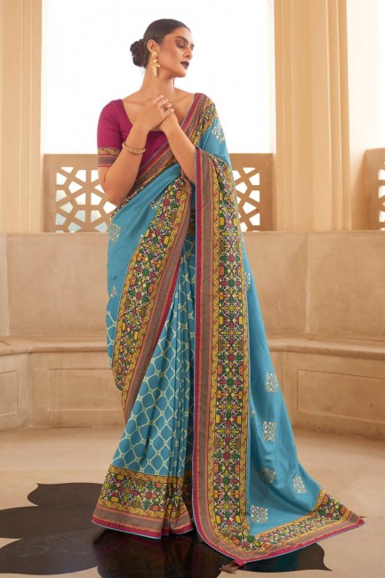 Patola silk Zari,weaving,digital print Sky blue South Indian Saree with Blouse