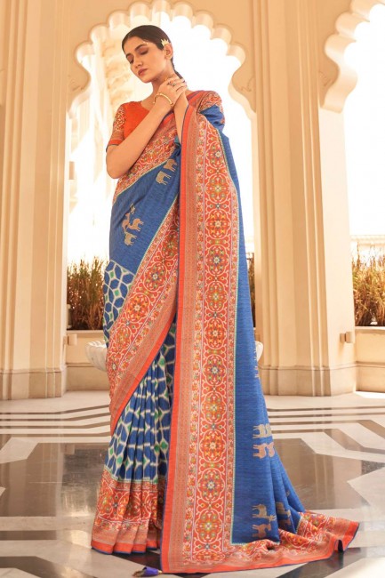 Blue Zari,weaving,digital print Patola silk South Indian Saree