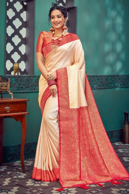 Red,cream Weaving Silk Saree