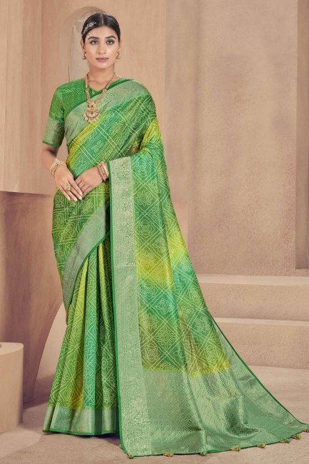 South Indian Saree in Green Patola silk with Sequins