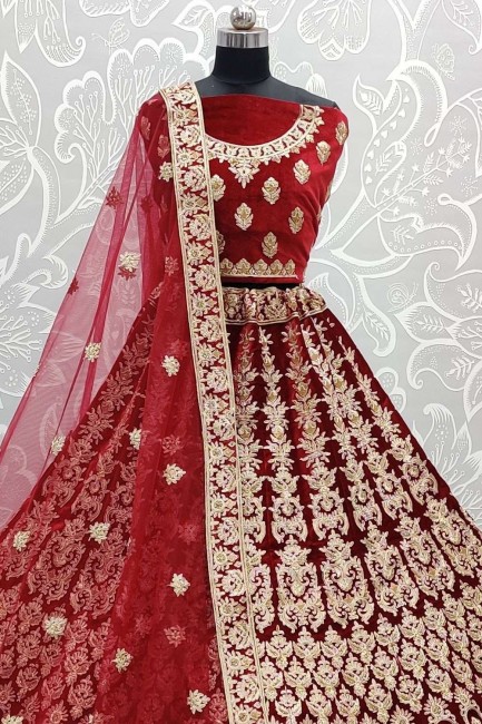 Dori,Jari Embroidery,Diamond Work Velvet Red Wedding Lehenga Choli Soft Net Dupatta