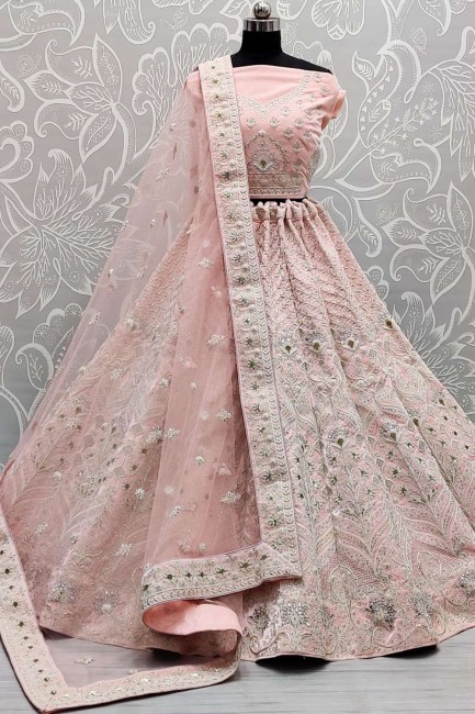 Pink Wedding Lehenga Choli in Hand Mirror,Thread,Dori Embroidery,Diamond Work Velvet