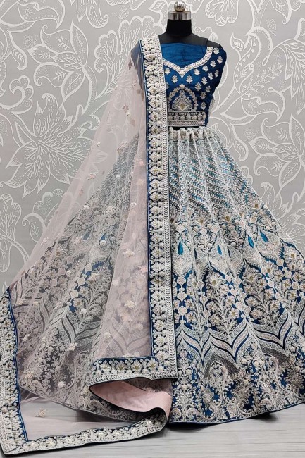 Velvet Wedding Lehenga Choli in Firozi with Hand Mirror,Thread,Dori Embroidery,Diamond Work