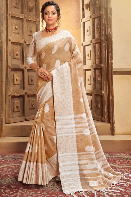 Peach saree in Cotton Linen with Wevon Designer