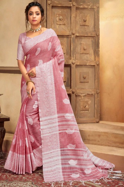 Dusty Pink Cotton Linen saree with Wevon Designer