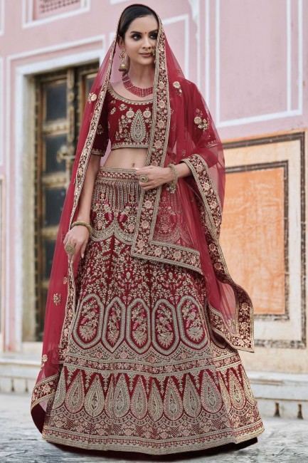 Maroon Velvet Wedding Lehenga Choli with Heavy Embroidery With Hand Work