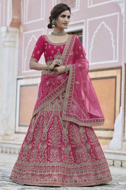 Heavy Embroidery With Hand Work Velvet Wedding Lehenga Choli in Pink