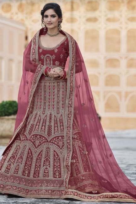 Pink Wedding Lehenga Choli in Velvet with Heavy Embroidery With Hand Work