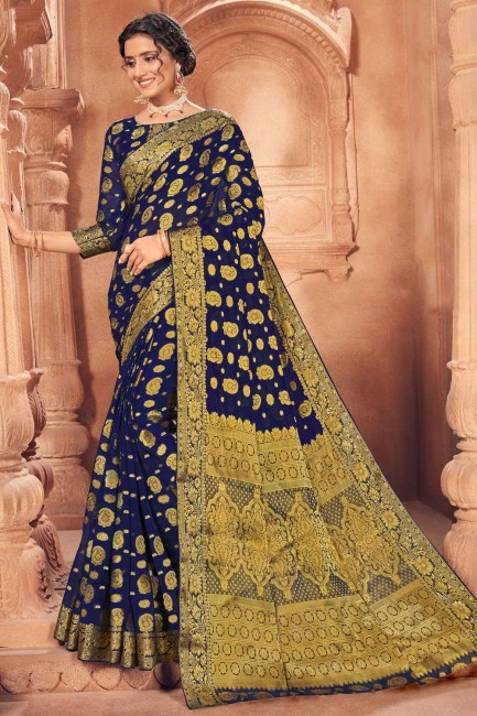 saree in Blue Chiffon with Designer Weaving Work