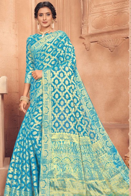 Chiffon Blue saree in Designer Weaving Work