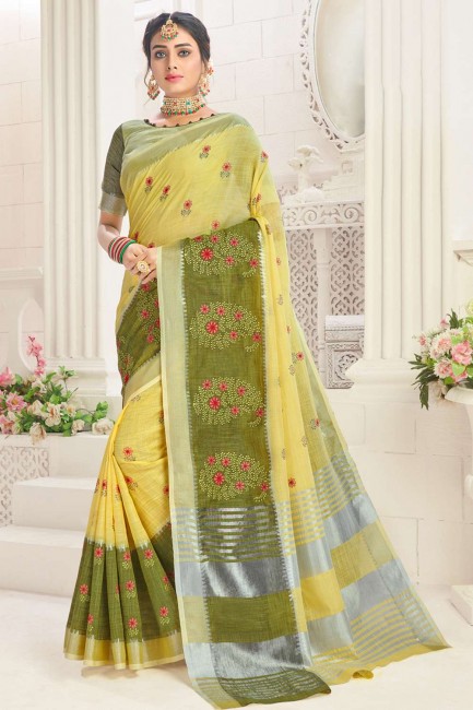 Yellow Linen saree with Wevon Designer,Embroidery Work
