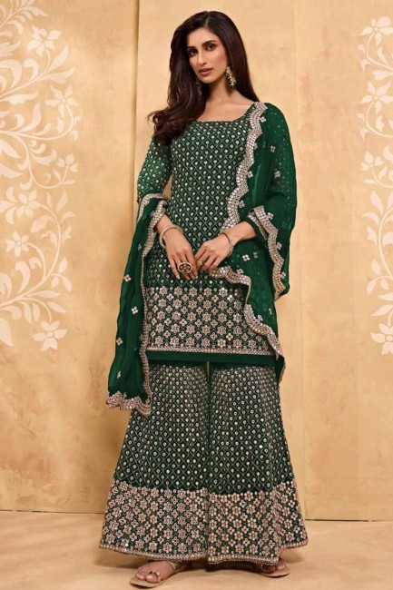 Green Sharara Suit in Heavy Designer Embroidery Work Faux Georgette