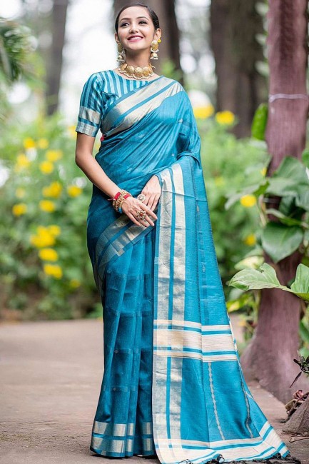 Sky Blue saree in Kashmir Cotton Silk with Wevon Self Designer
