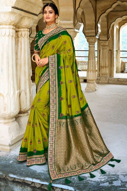 Weaving Rich Pallu,Heavy Embroidery Border,Blouse Work South indian saree in Green Dola Silk
