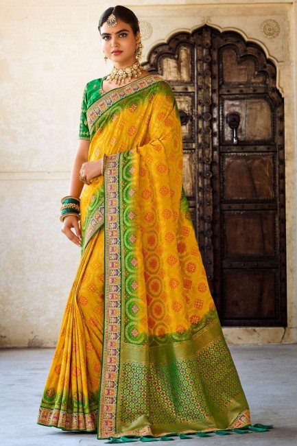 Yellow Weaving Rich Pallu,Heavy Embroidery Border,Blouse Work South indian saree in Dola Silk