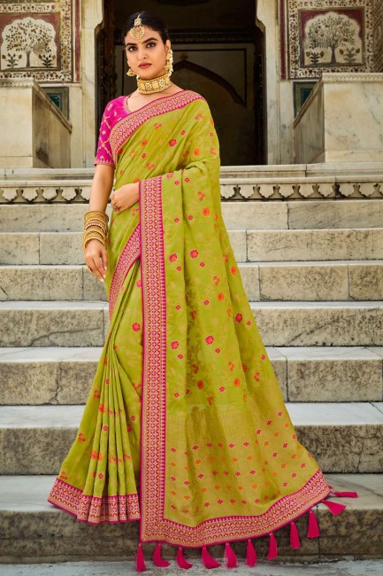 Green South indian saree with Weaving Rich Pallu,Heavy Embroidery Border,Blouse Work Dola Silk