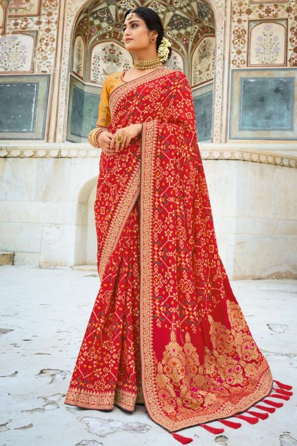 Dola Silk Red South indian saree in Weaving Pallu,Embroidery ,Blouse 