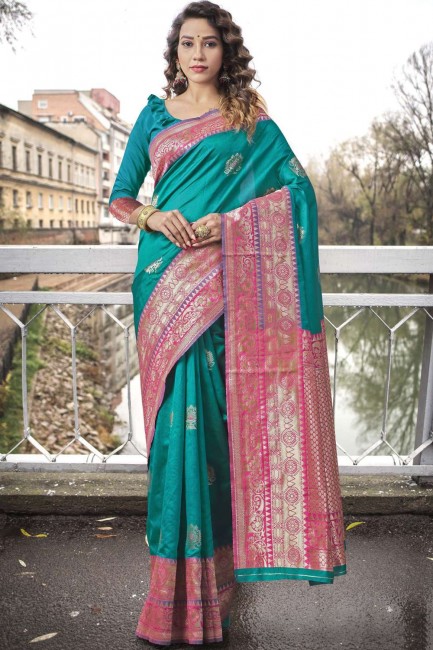 Wevon Self Designer Lichi Silk South indian saree in Sky Bluewith Blouse