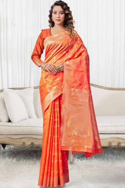 Orange Lichi Silk South indian saree with Wevon Self Designer