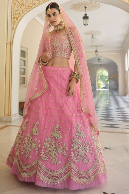 Heavy Designer Dori,Sequance Embroidery Work Soft Net Wedding Lehenga Choli in Baby Pink
