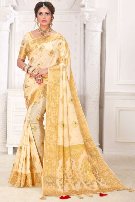 Wevon Designer Rich Pallu Soft Silk South indian saree in Cream