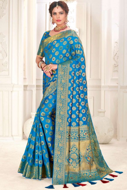 South indian saree in Blue Soft Silk with Wevon Designer Rich Pallu