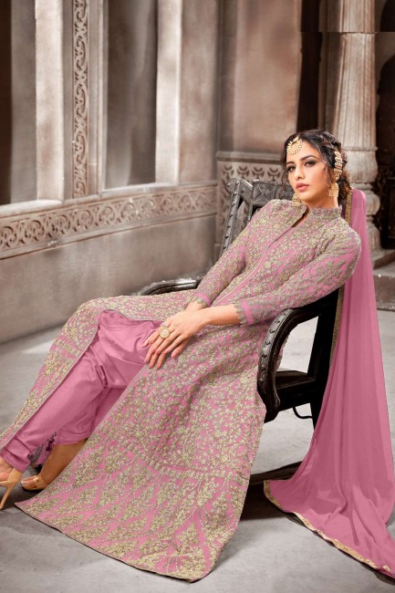 Pink Net Embroidery Work anarkali suit with Nazneen Dupatta