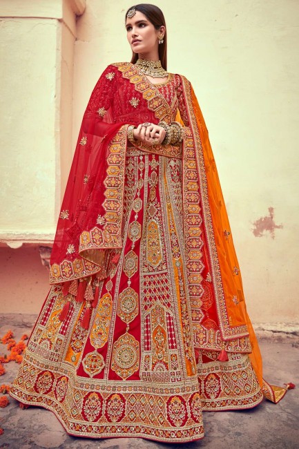 Thread,Sequance,Coding,Jari Embroidery,Hand Work Silk Red Wedding Lehenga Choli Net Dupatta