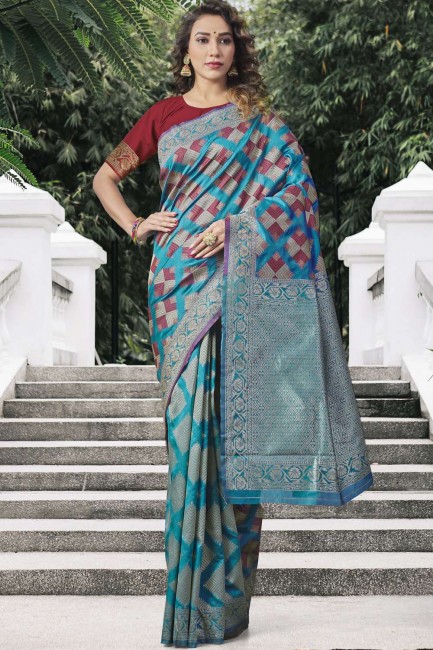 Lichi Silk saree in Sky Blue with Heavy Wevon Designer