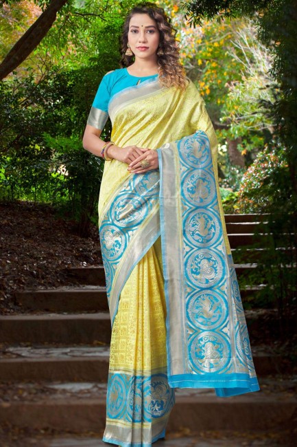 Heavy Wevon Designer Lichi Silk saree in Yellow