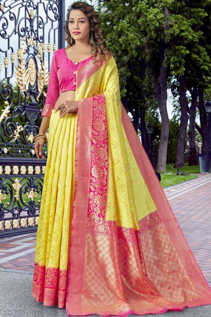 Yellow Heavy Wevon Designer saree in Lichi Silk