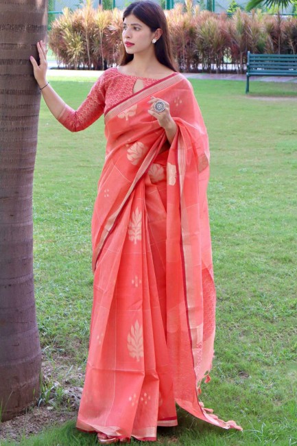 Linen Silk Peach saree in Heavy Wevon Jari Designer Work