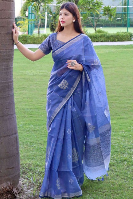 Heavy Wevon Jari Designer Work Linen Silk Blue saree Blouse