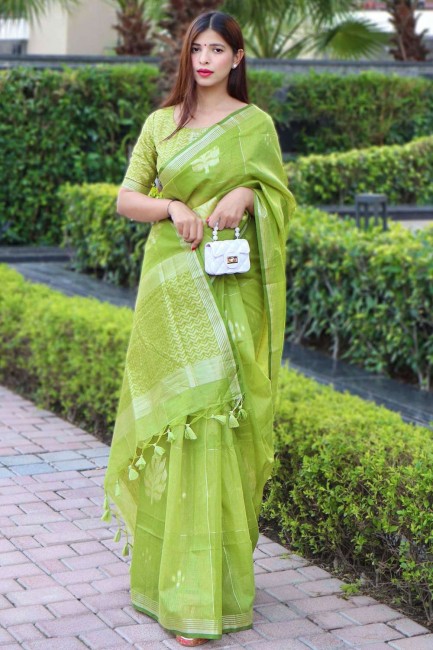 Green Heavy Wevon Jari Designer Work Linen Silk saree