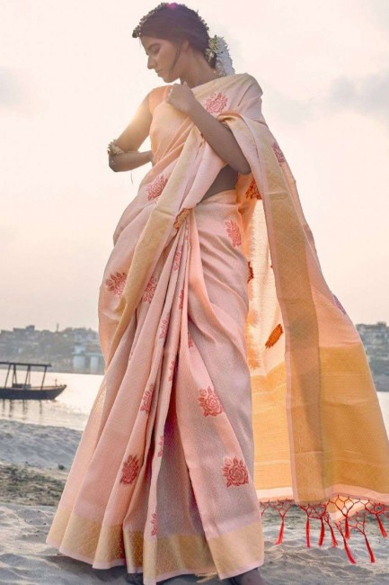 Wevon Rich Jari Designer saree in Peach Soft Tissue Linen