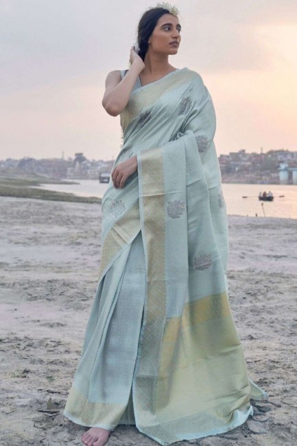 Blue saree with Wevon Rich Jari Designer Soft Tissue Linen