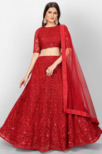 Red Lehenga Choli in Heavy Thread,Sequance Embroidery Work Soft Net