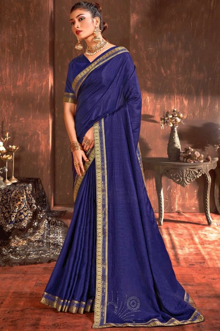 Blue Sarovski Butta Designer saree in Vichitra Silk