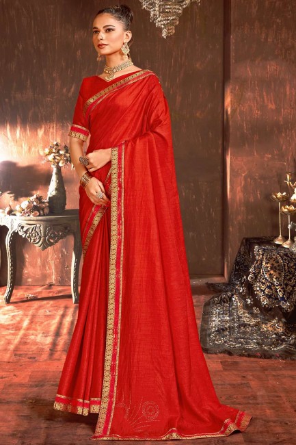saree in Red Vichitra Silk with Sarovski Butta Designer