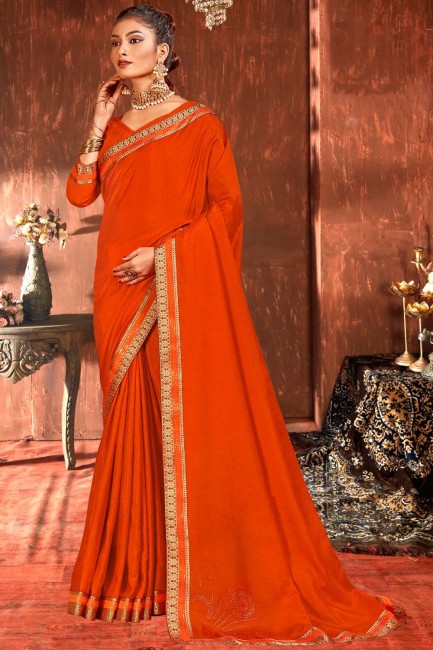 Vichitra Silk Orange saree in Sarovski Butta Designer