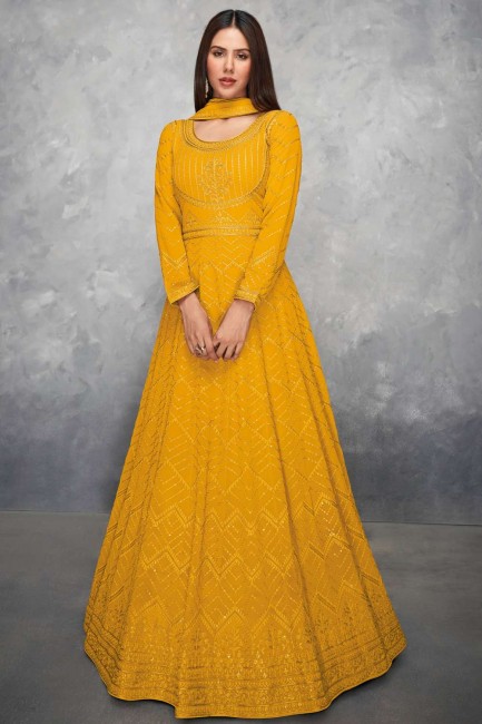 Yellow anarkali suit in Heavy Sequance Embroidery Work Georgette