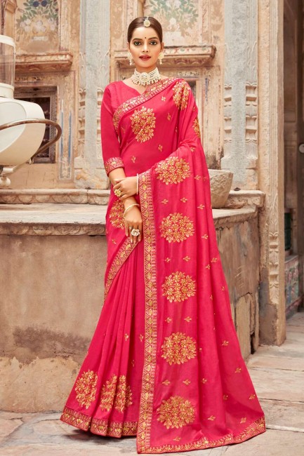 Pink saree with Designer Embroidery,Stone Work Vichitra Silk