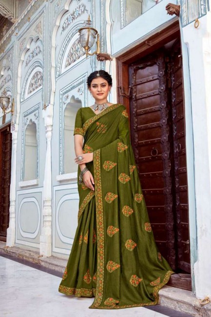 Green Vichitra Silk Butta Thread Embroidery Work saree with Blouse