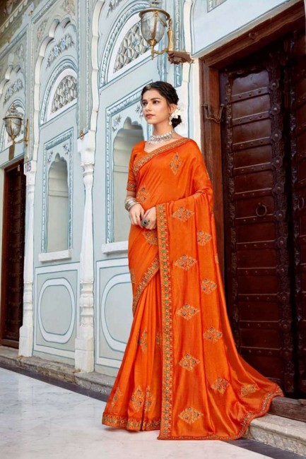 Orange saree in Vichitra Silk with Butta Thread Embroidery Work