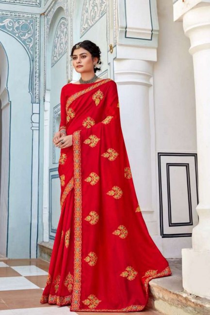 Butta Thread Embroidery Work saree in Red Vichitra Silk