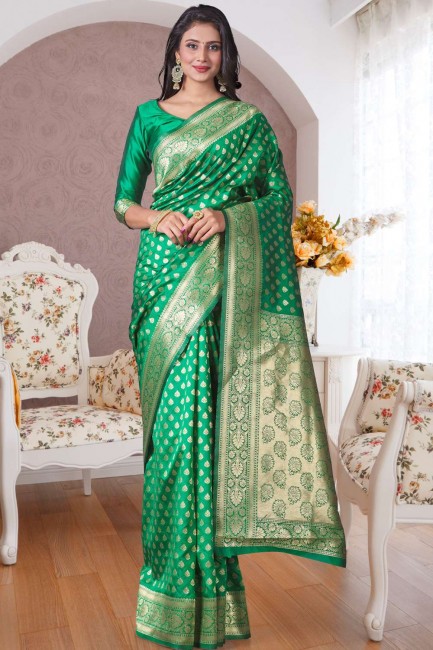 South indian saree in Rama Lichi Silk with Wevon Self Jari Designer