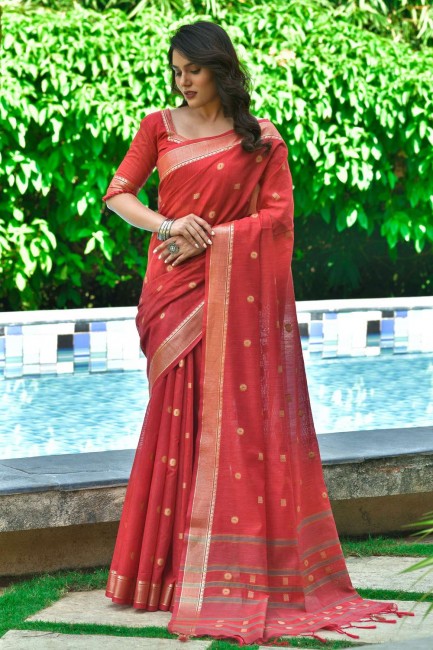 Sambalpuri Cotton saree in Red with Resham Wevon Designer