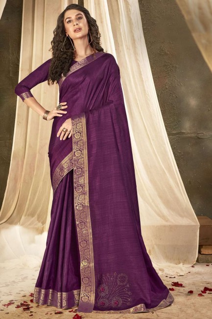 Vichitra Silk Sarovski Butta Designer Purple saree with Blouse