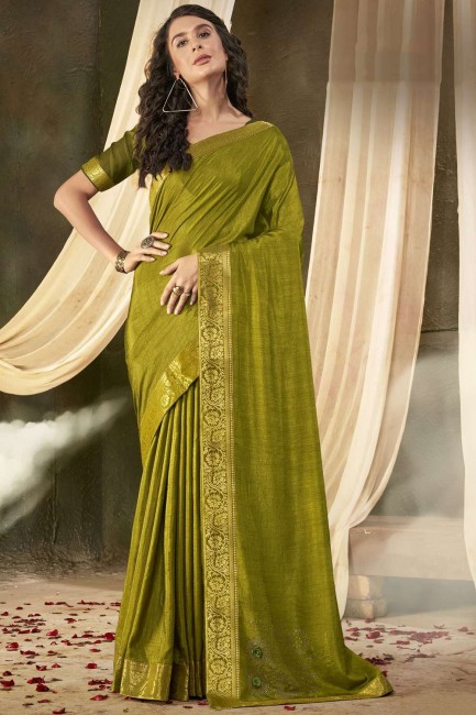 Mehndi saree in Sarovski Butta Designer Vichitra Silk